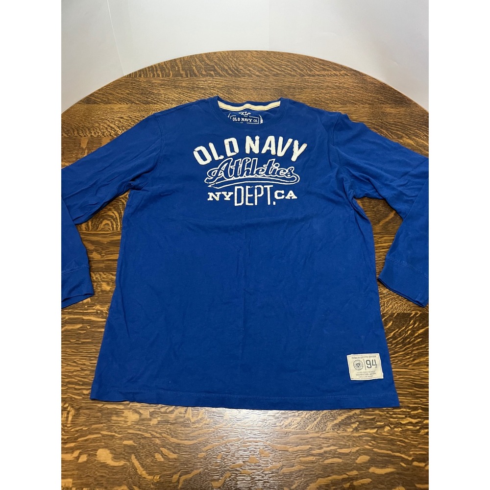 Old Navy T-Shirt Mens XL Blue Athletics Long Sleeve Collegiate Lettering Y2K